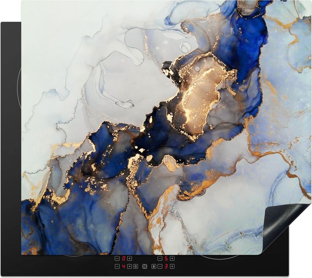 KitchenYeah Herdabdeckplatte Marmor - Blau - Gold , 59x52cm, Küche Deko, Glaskeramikfeld Herdabdeckung, Abdeckplatte fùr Kochfeld