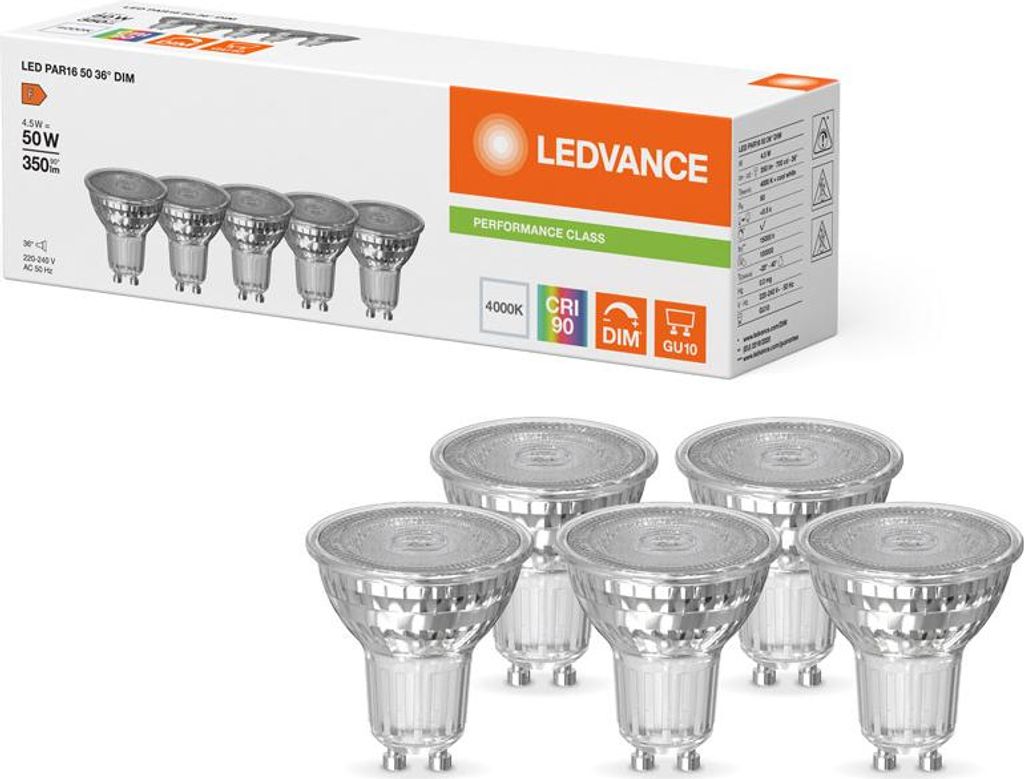 5 x Ledvance LED Glas Reflektor PAR16 4,5W = 50W GU10 350lm Produktbild 