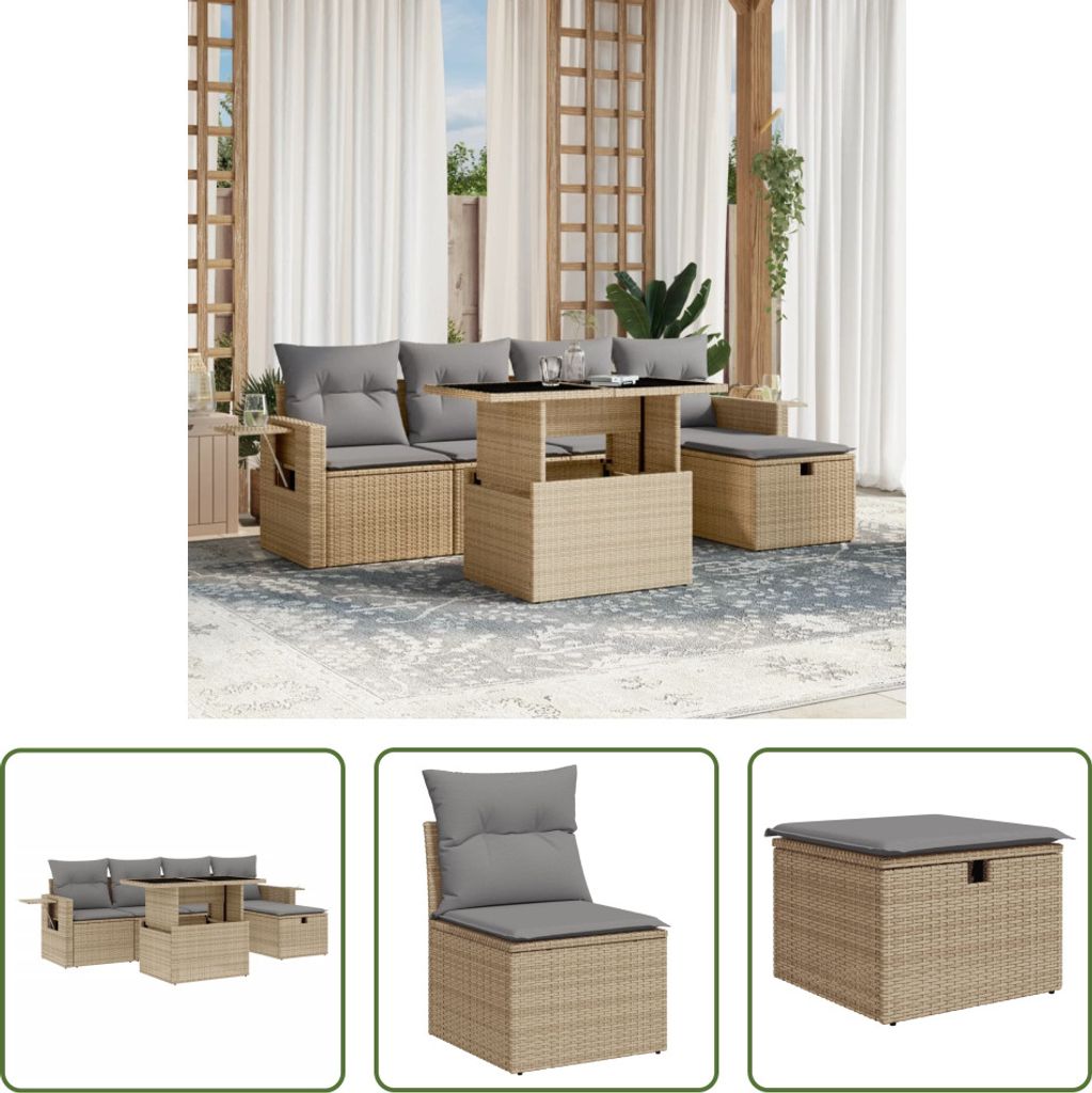 The Living Store 6-tlg. Garten-Sofagarnitur mit Kissen Beige Poly Rattan