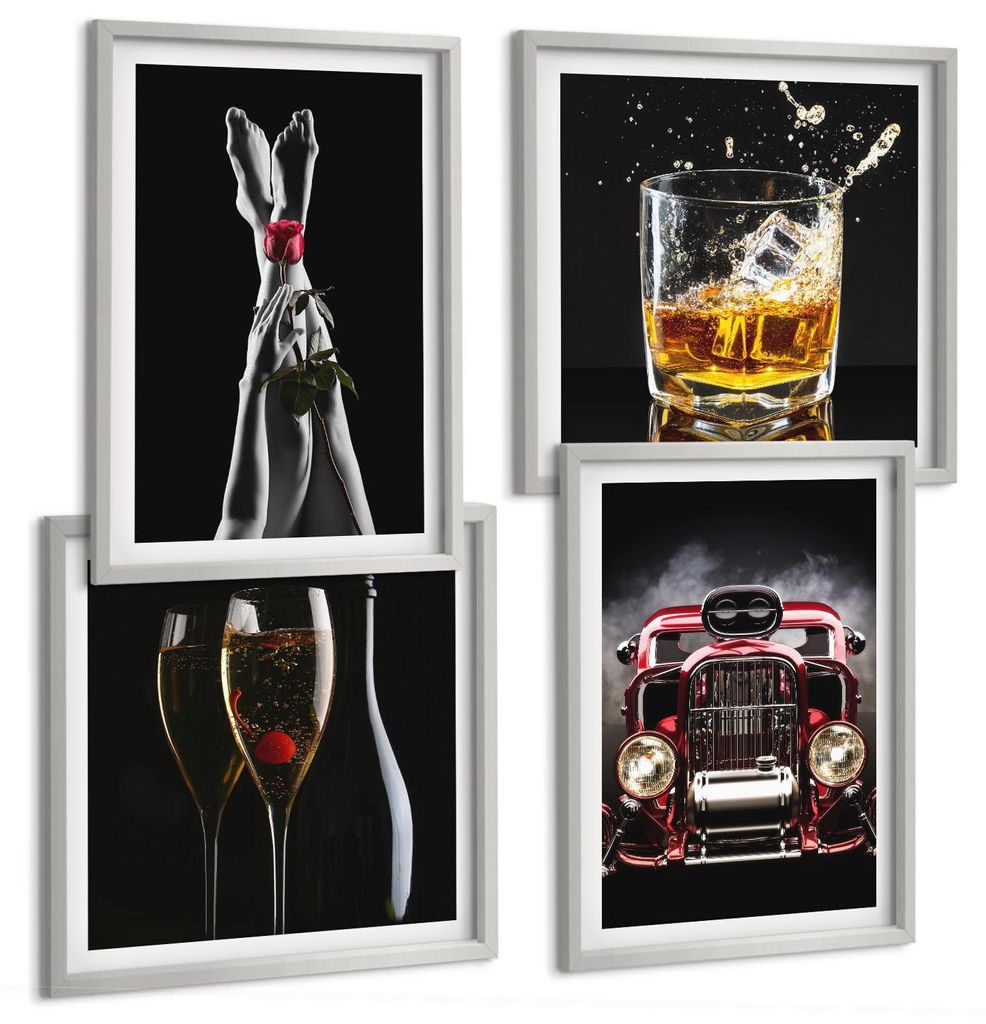 Bilder Set 4-teilig im silbergerahmten Rahmen – Wandbilder 4 Stück – gerahmte Poster für Wohnzimmer, Schlafzimmer und Flur – 50x50 cm - 40x...