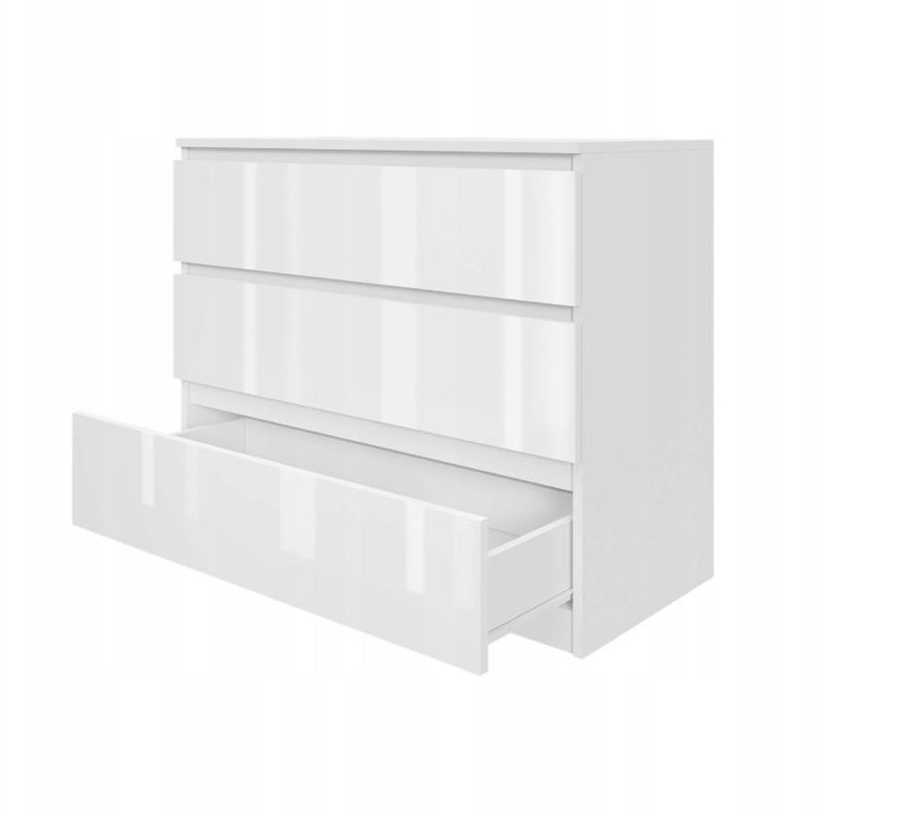 A white chest of drawers with one drawer partially open, shown against a white background.