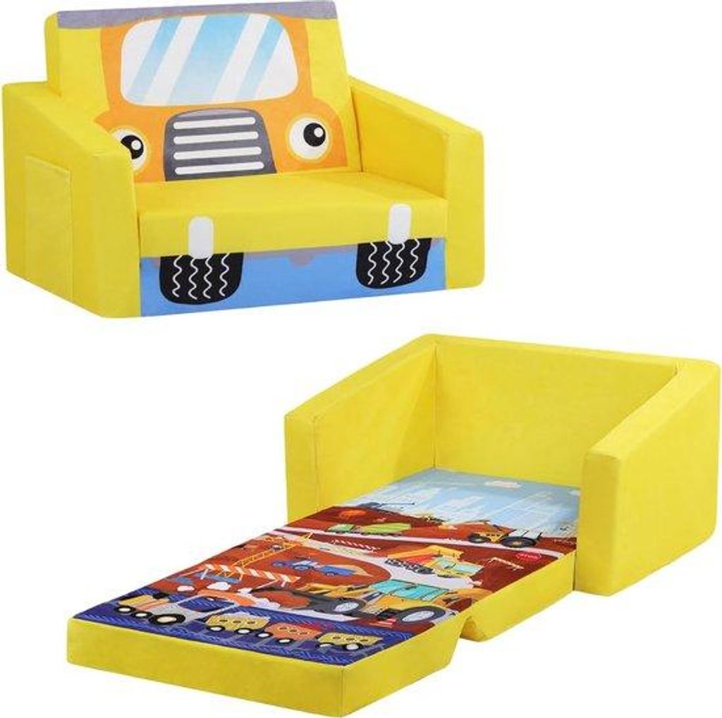 Praktische Kinderhochbank mit Faltsitz und Sitzstuhl mit Unterfach in leuchtendem Gelb-Weiß-Design