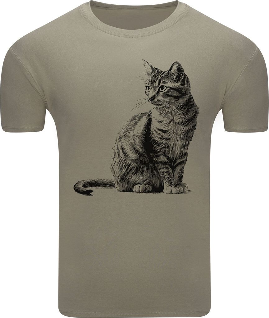 Diarbo Herren T-Shirt mit Tierliebhaber Druck Skizze Der Ganzen Katze Khaki Gr.L