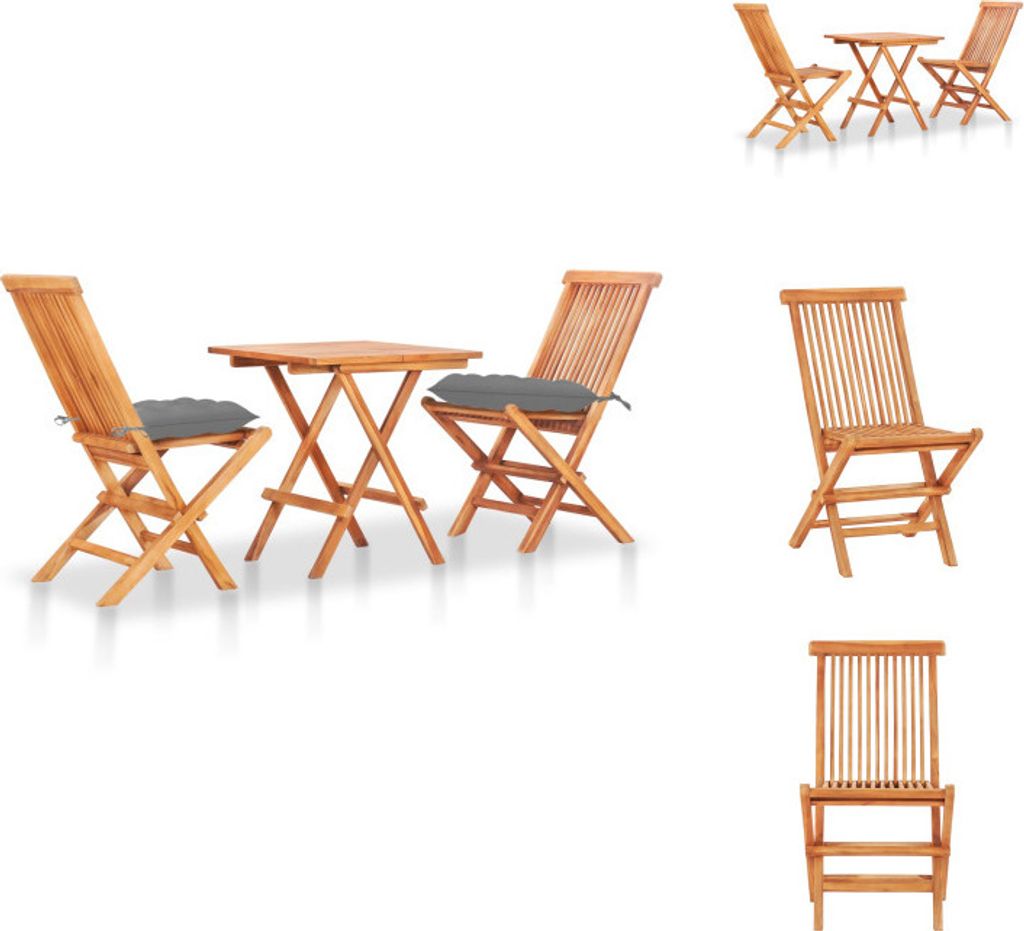 vidaXL 3-tlg. Bistro-Set mit Grauen Kissen Massivholz Teak - Gartenmöbel-Sets