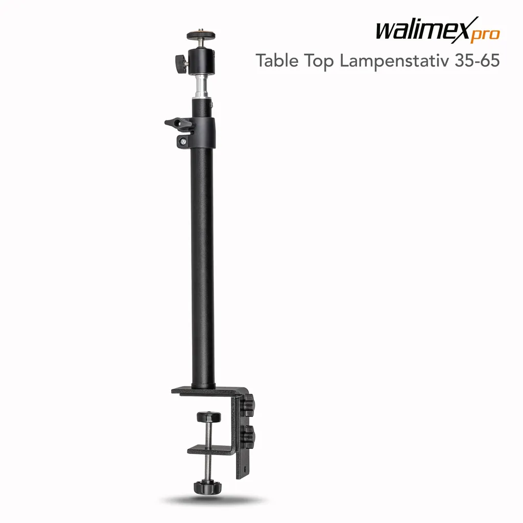 Walimex pro Treppiede per lampada da tavolo regolabile in altezza da 35 a 65 cm, treppiede da tavolo con testa a sfera per rotazione di 360° e inclinazione di 90°, treppiede con attacco a morsetto per illuminazione da studio e telecamera - 7