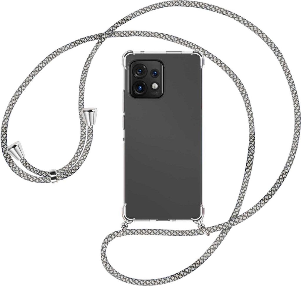 Handykette Backcover-Schutzhülle mit Band (Metall silberfarben) für Motorola Edge 40 Pro (Moto X40) - weiß/grau kariert