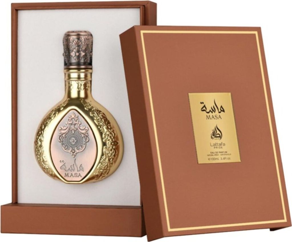 A perfume bottle and its box are displayed.
