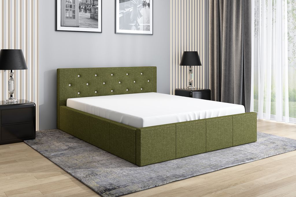 Polsterbett SKIDI 120 x 200 mit Matratze und Bettkasten. Farbe: Grün