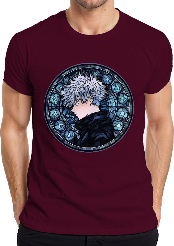 Anime weißes Haar Seitenprofil Buntglas Kreis düster Geschenk Herren T-Shirt, Burgundy, 3XL