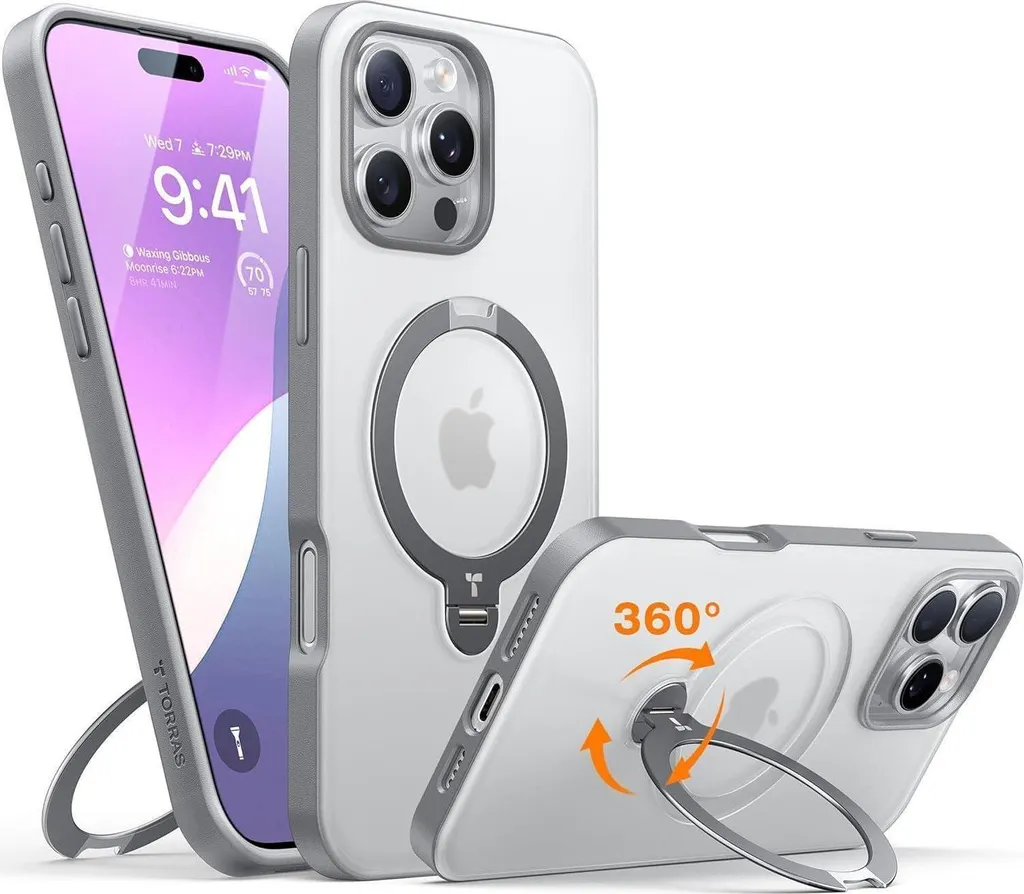 Étui iPhone 16 Pro Max Antichoc avec Anneau de Support Pivotant Gris