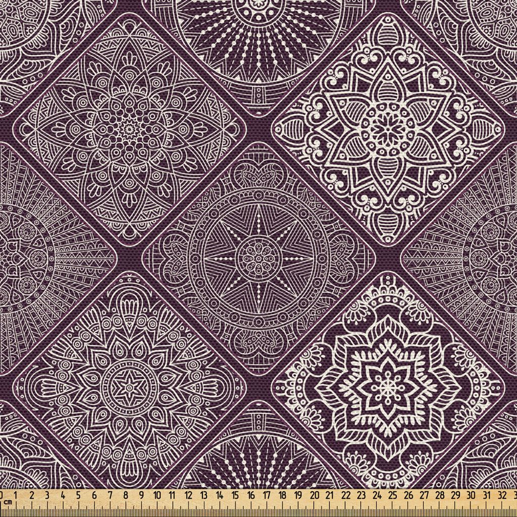 ABAKUHAUS Mandala Gewebe als Meterware, Altmodisch Ethnisch Design Quadratisch Rahmen Weinlese Hennastrauch Kunst Motiv, 2 M (148 x 200 cm), Auberg...
