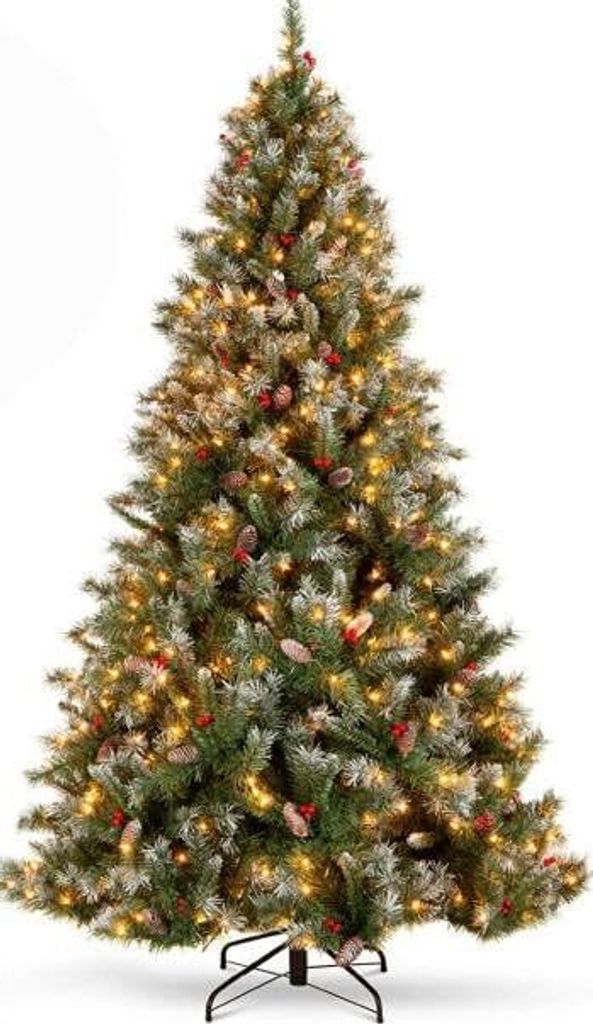Weihnachtsbaum Künstlich 200 cm mit Beleuchtung, 8 Transformationsmodi, Christbaum mit 69 Tannenzapfen & 207 roten Beeren, Tannenbaum mit 909 Spit...
