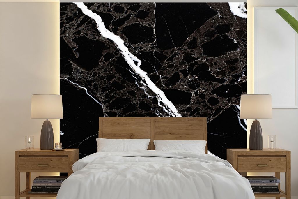MuchoWow Fototapete für Wohnzimmer oder Schlafzimmer Wandtapete Vinyl Motivtapete Marmor - Schwarz - Weiß - Muster - 300x300 cm - Wanddekoration