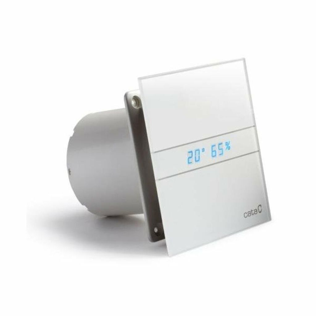 A white ventilation fan with a digital display showing temperature and humidity.