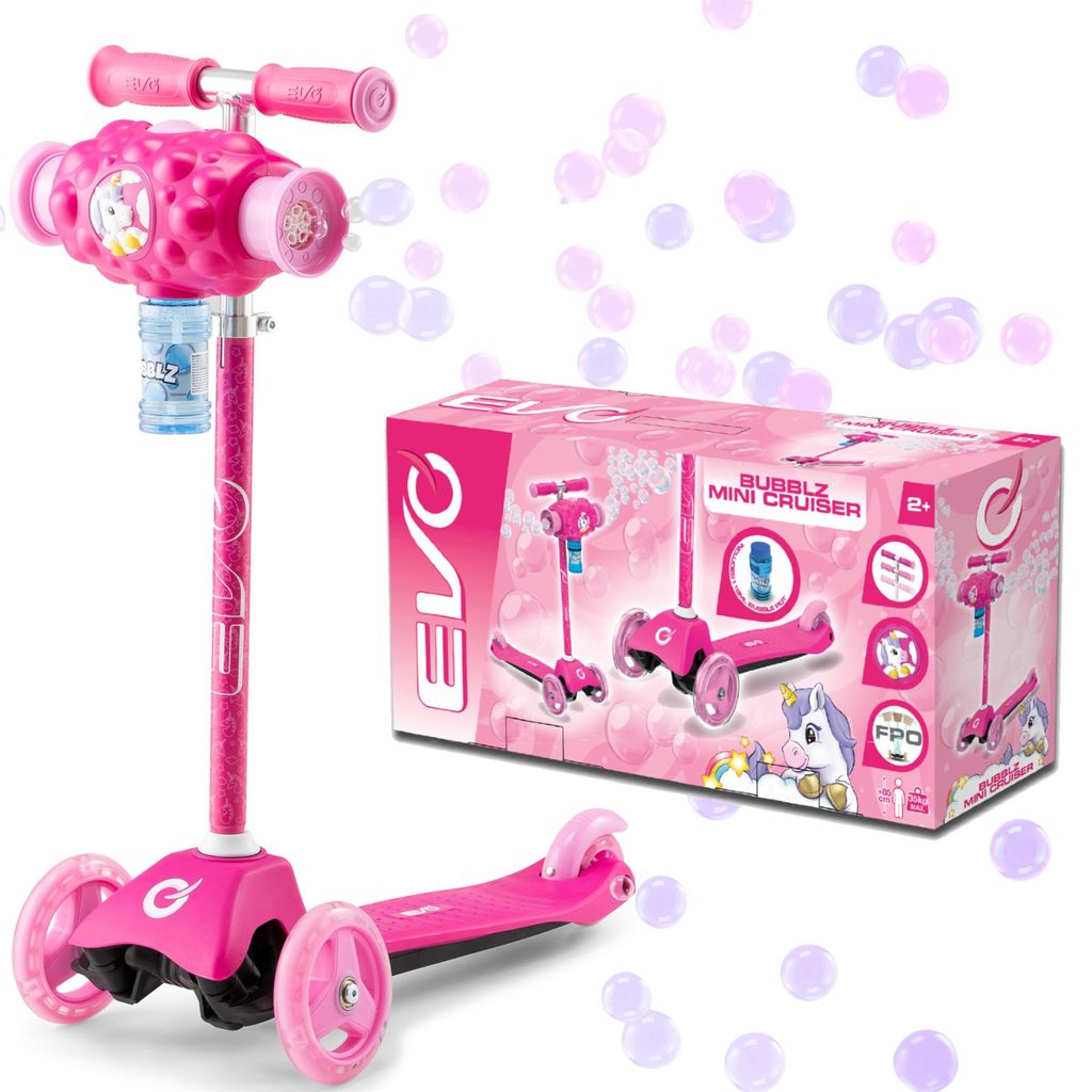 EVO Adjustable Three-Wheeled Kids Scooter Bubblz Mini Cruiser Pink mit Seifenblasen