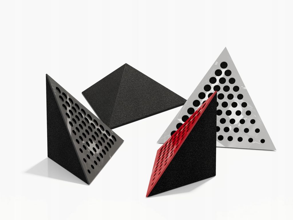 2-Stück Decken-Eck-Bassfalle «Triangle-ROUNDS» Akustikschaumstoff mit perforierter laminierter HDF-Platte | 42x42x42cm | Dreieckige Pyramiden-Ba...