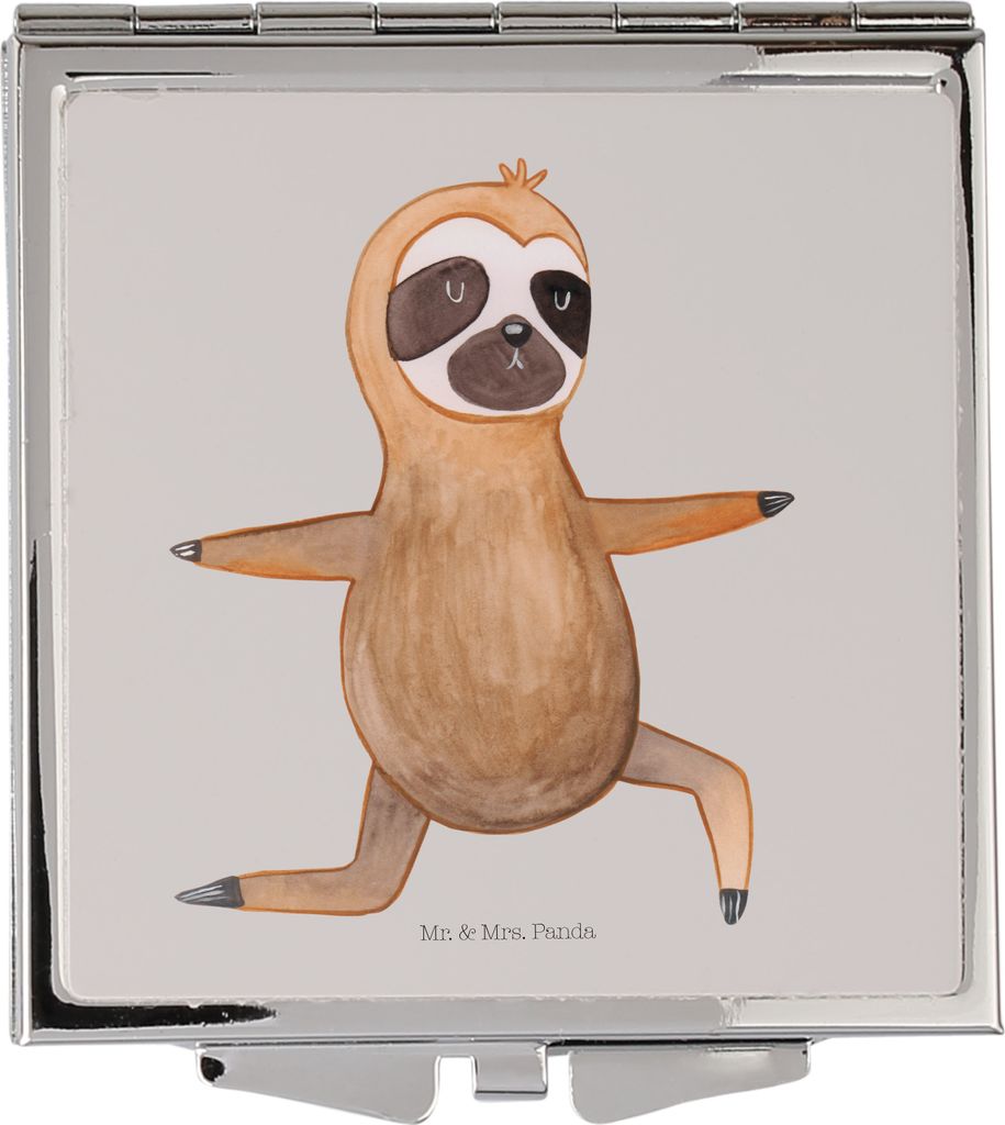 Mr. & Mrs. Panda Klappspiegel Faultier Yoga - Grau Pastell - Geschenk, Namaste, Mini Spiegel, Schminkspiegel klein, Meditation, Reise Kosmetikspieg...
