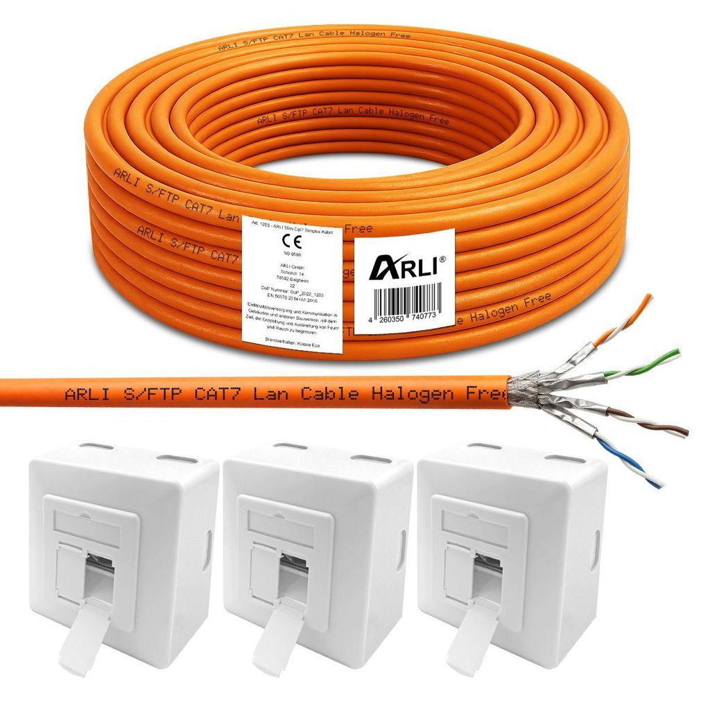 ARLI Cat7 50m Verlegekabel S/FTP PIMF Halogenfrei Netzwerkkabel + 3x Cat6a Netzwerkdose
