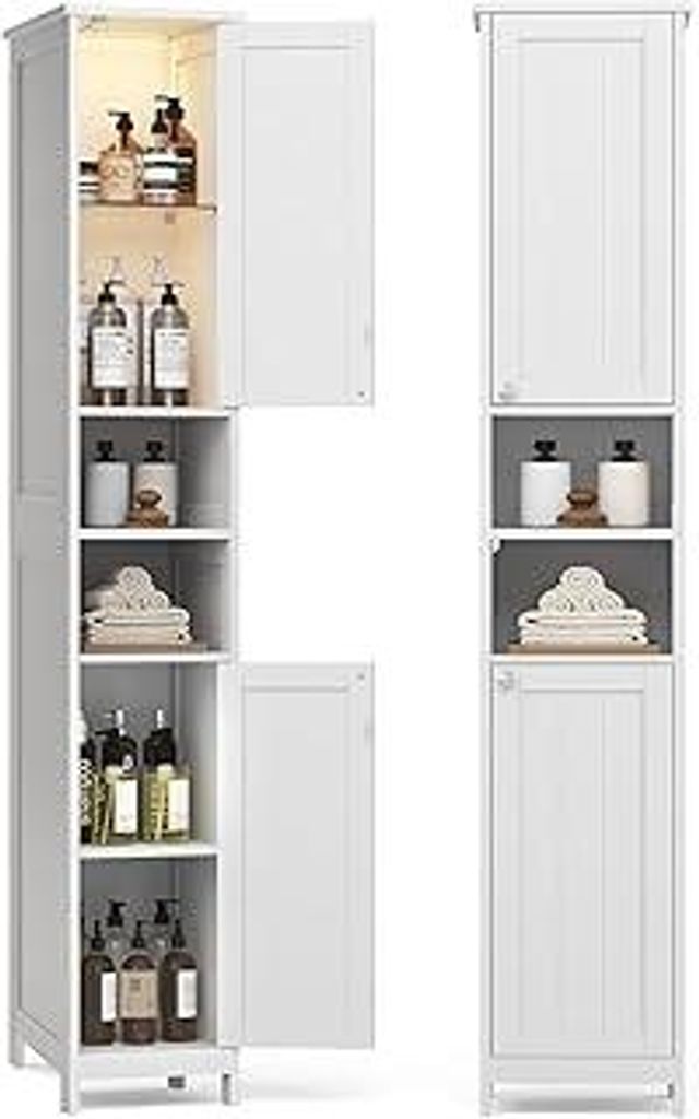 VASAGLE Badezimmerschrank mit Beleuchtung, hoch, schlBadschrank, Aufbewahrungsschrank mit verstellbaren Ablagen, offene Fächer, für kleine Räume...