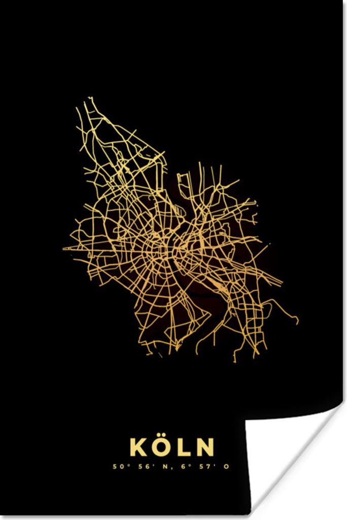 MuchoWow Poster Köln - Karte - Gold - Stadtplan 60x90 cm - Wanddekoration