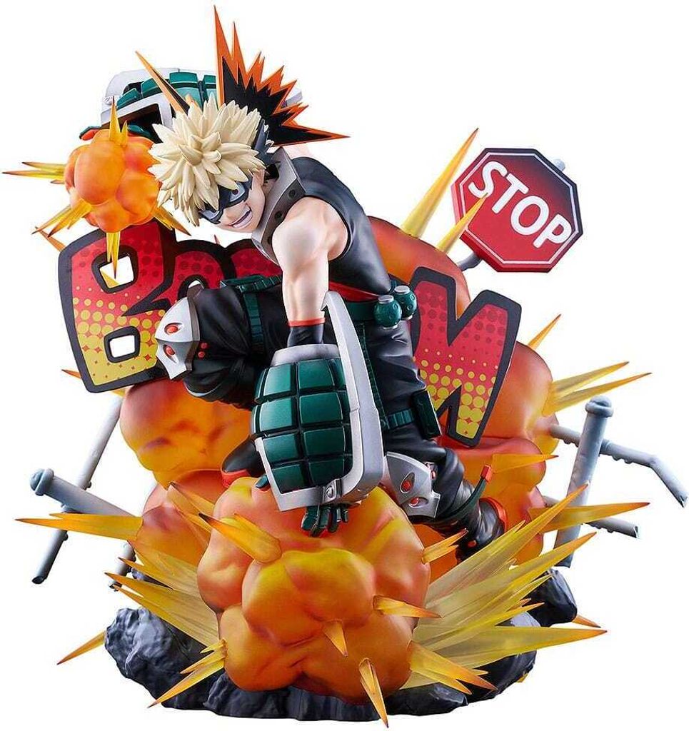 A dynamic action shot of a character figure with explosive effects.