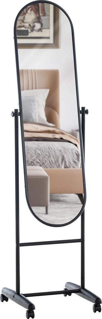 Ovaler Standspiegel – freistehender Reflektor – Bewegliches Design mit Rollen, elegantes Metall | Farbe: Schwarz