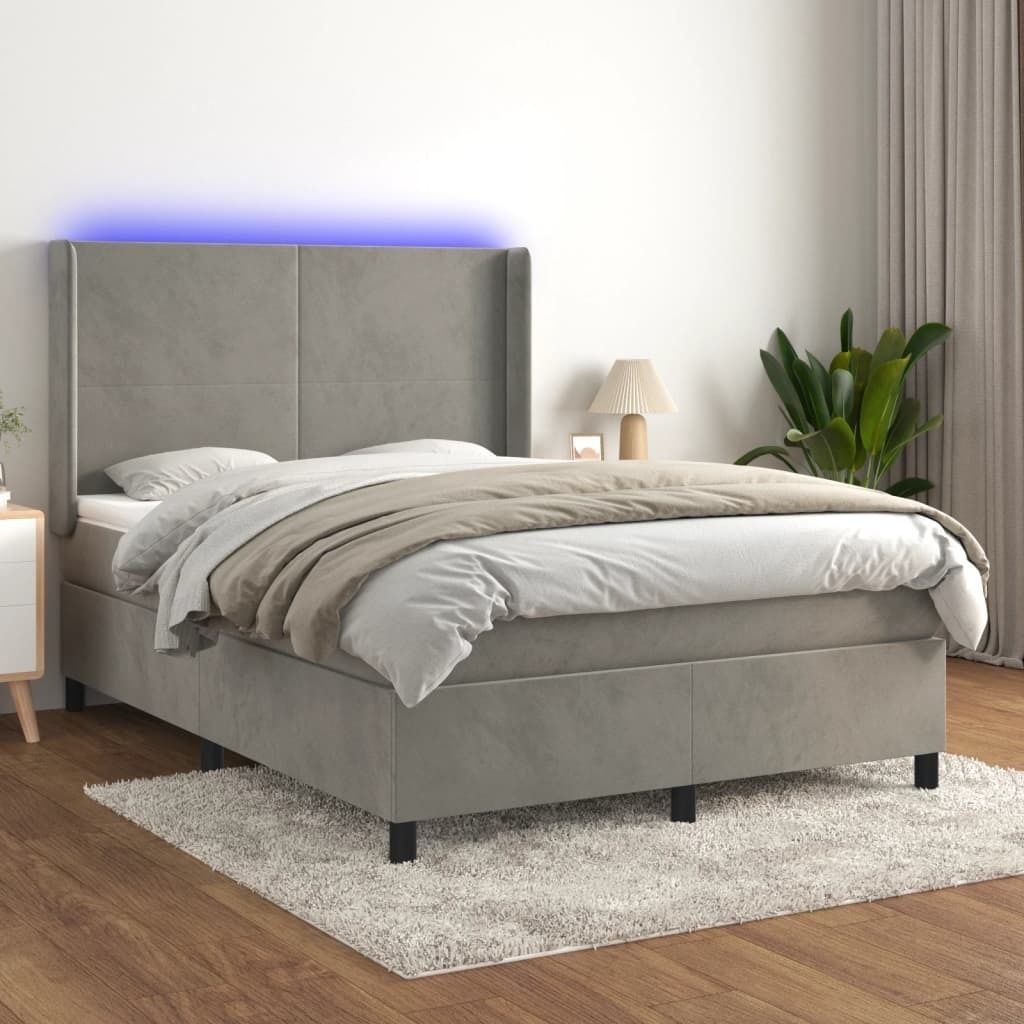 vidaXL Boxspringbett mit Matratze & LED Hellgrau 140x200 cm Samt - Boxspringbett - Boxspringbetten - Bett - Betten