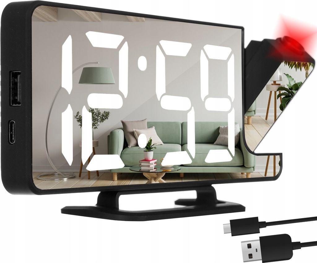 A digital alarm clock with a projector, showing a reflection of a living room.