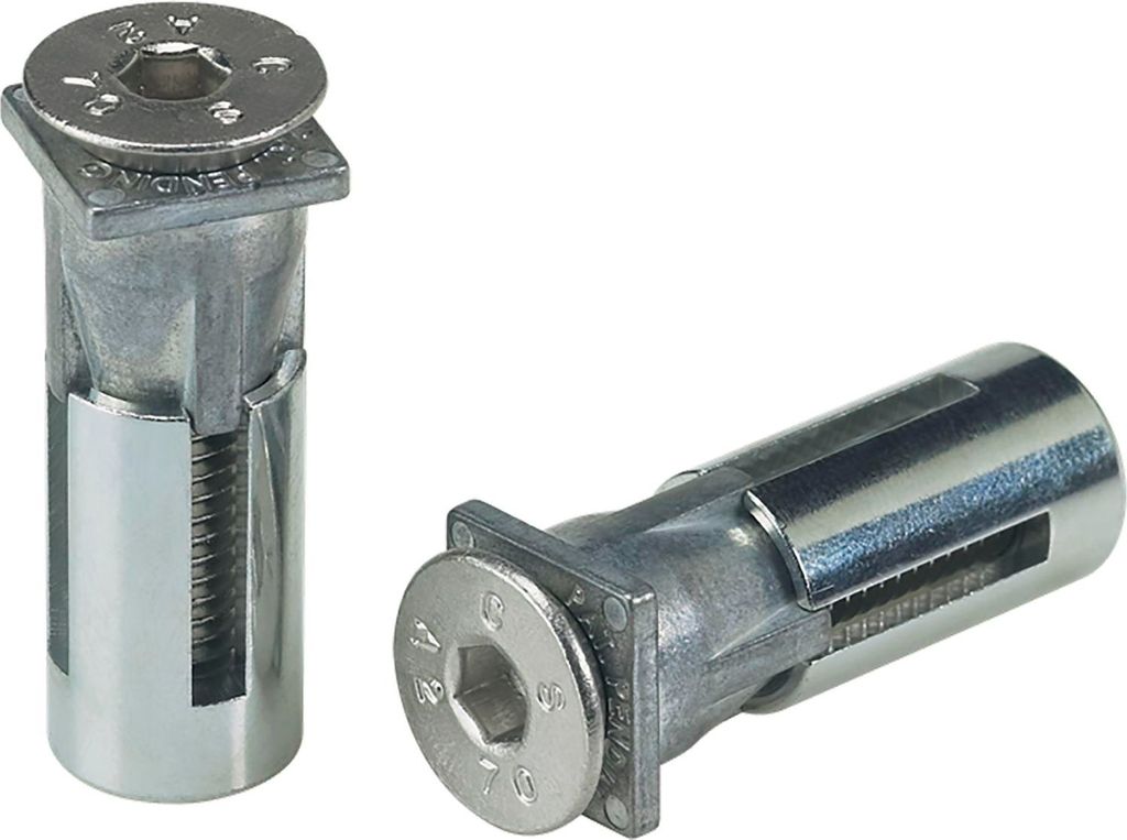 Two metal anchors with screws are shown against a white background.