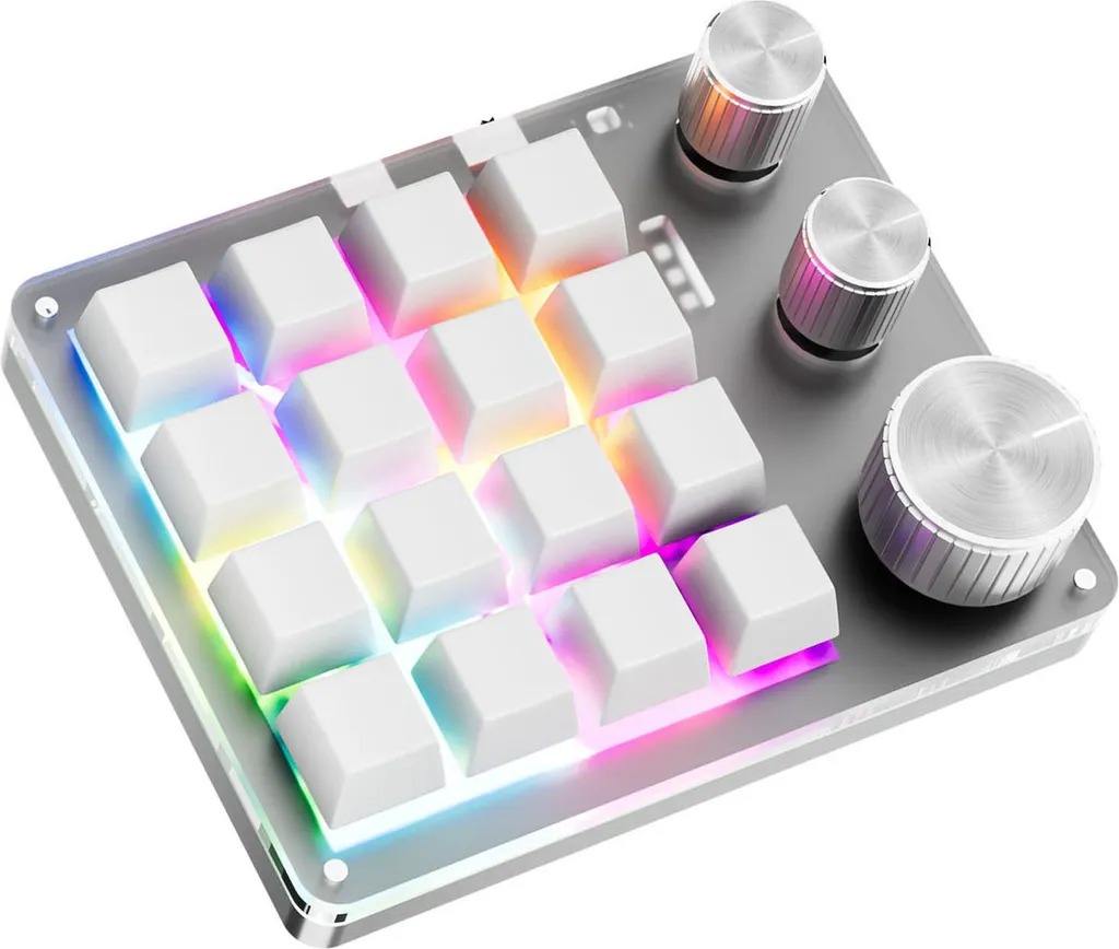 Clavier Macro Programmable 16 Touches 3 Boutons USB et Bluetooth Blanc