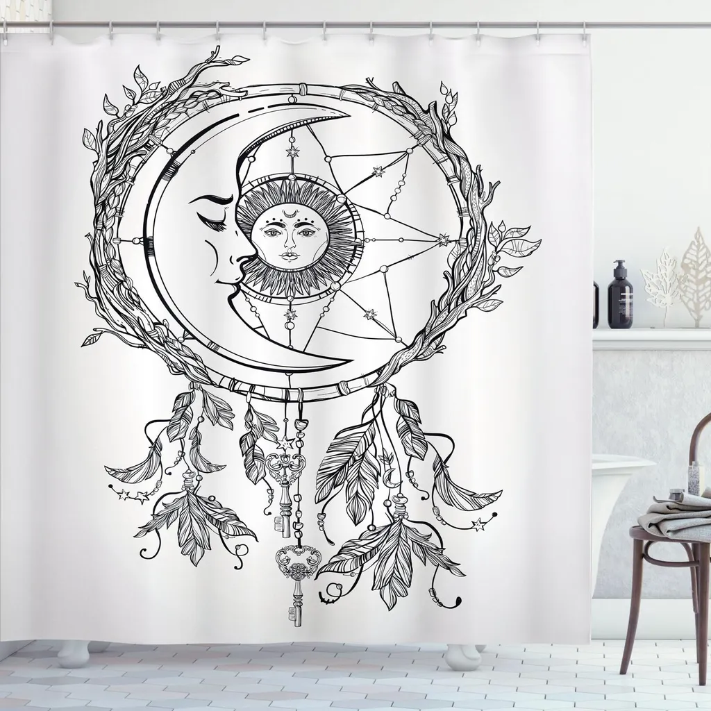Tenda Doccia Etnica ABAKUHAUS 175x220 cm - Dreamcatcher Mistico Bianco Nero