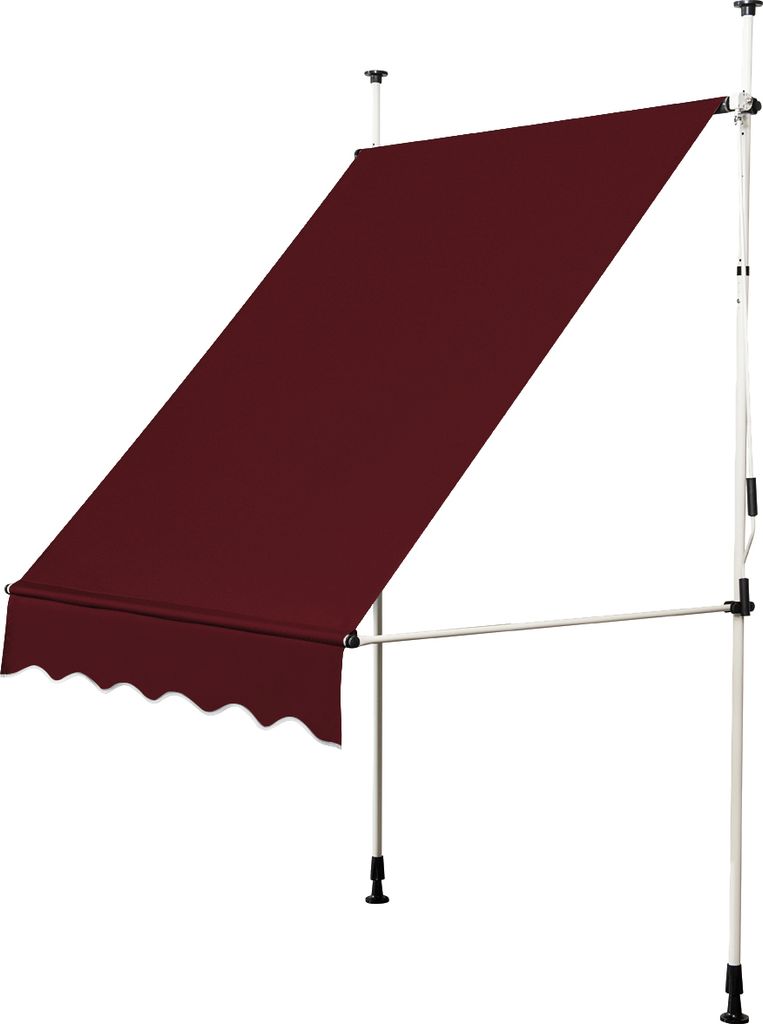 A maroon awning is shown against a white background, supported by a metal frame and poles.