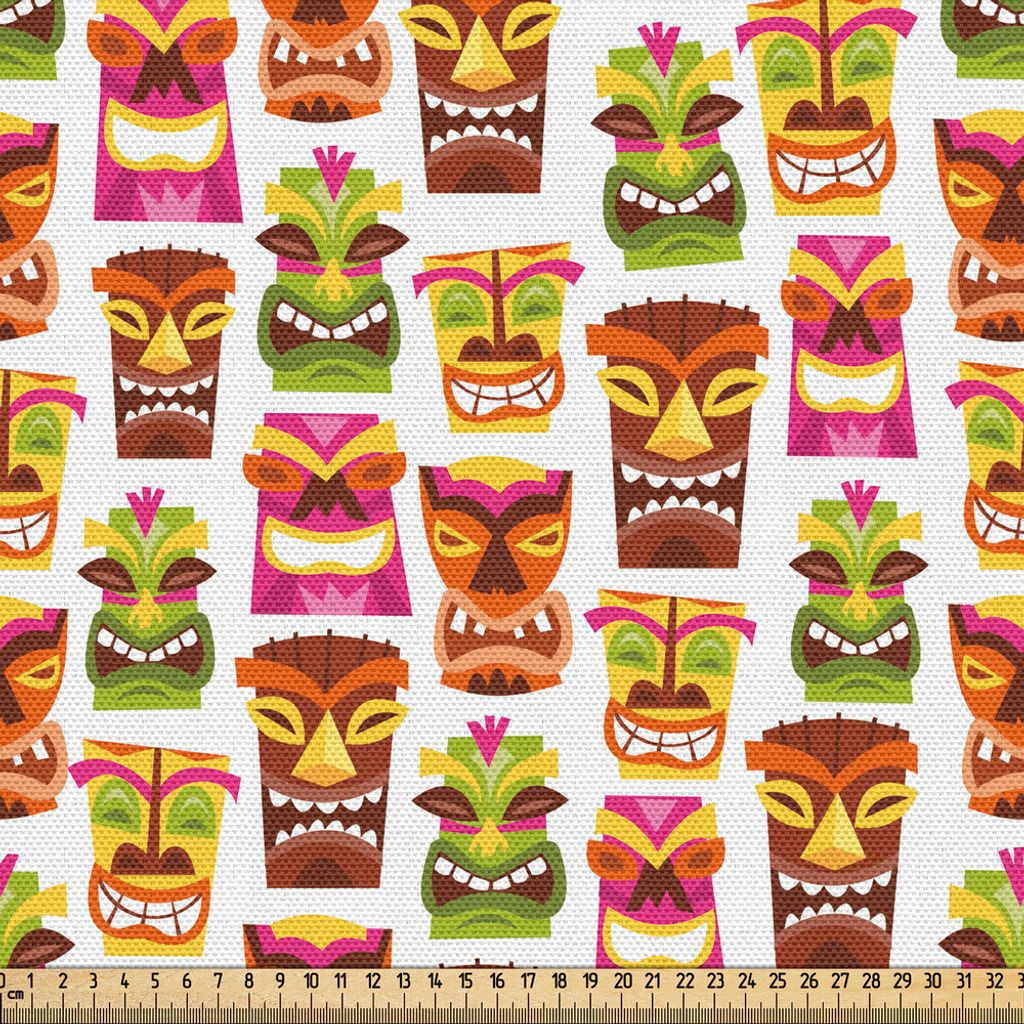 ABAKUHAUS Tiki Bar Gewebe als Meterware, Hawaiische Party Glücklich Tiki Konzept Masken Bunte Gesichter Wiederholendes Muster, 10 M (148 x 1000 cm...