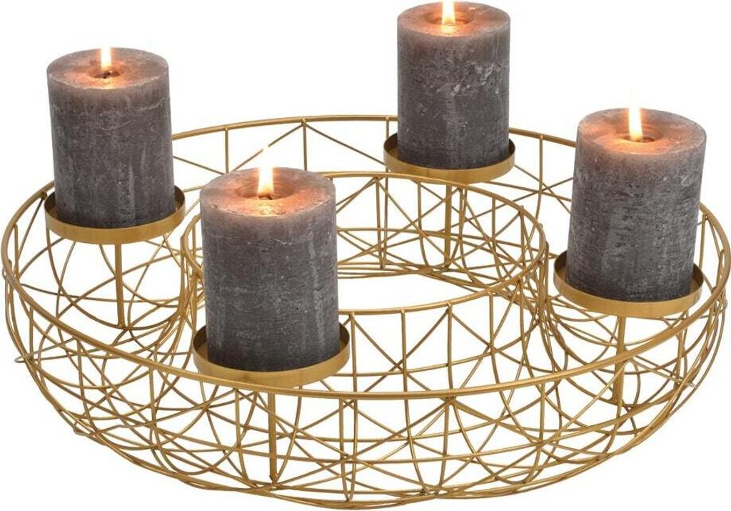 Metall Advents-Kranz Korb mit Deko und Kerzen-Stecker gold Ø 40 cm