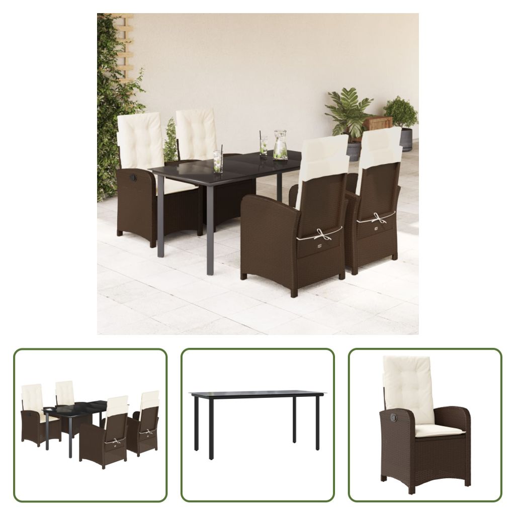 The Living Store 5-tlg. Garten-Essgruppe mit Kissen Braun Poly Rattan