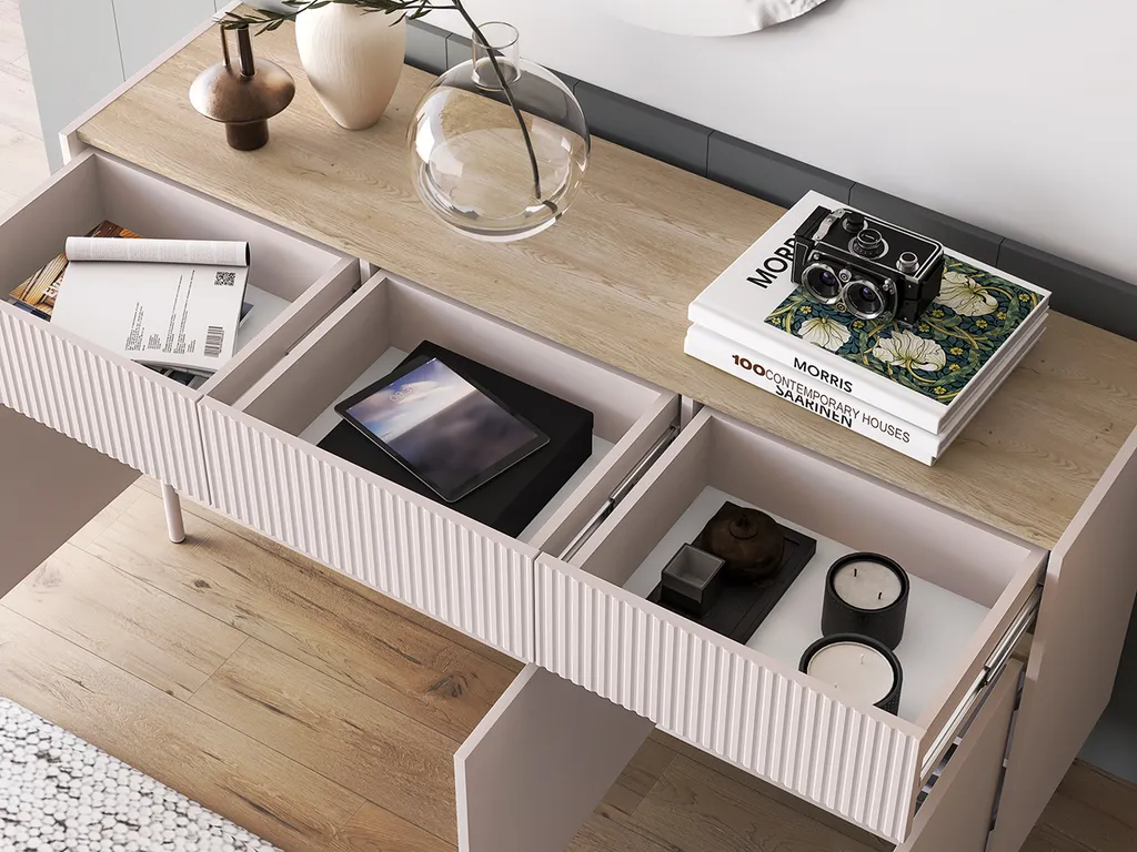 Commode THEA chêne et cachemire : meuble de rangement robuste 120cm