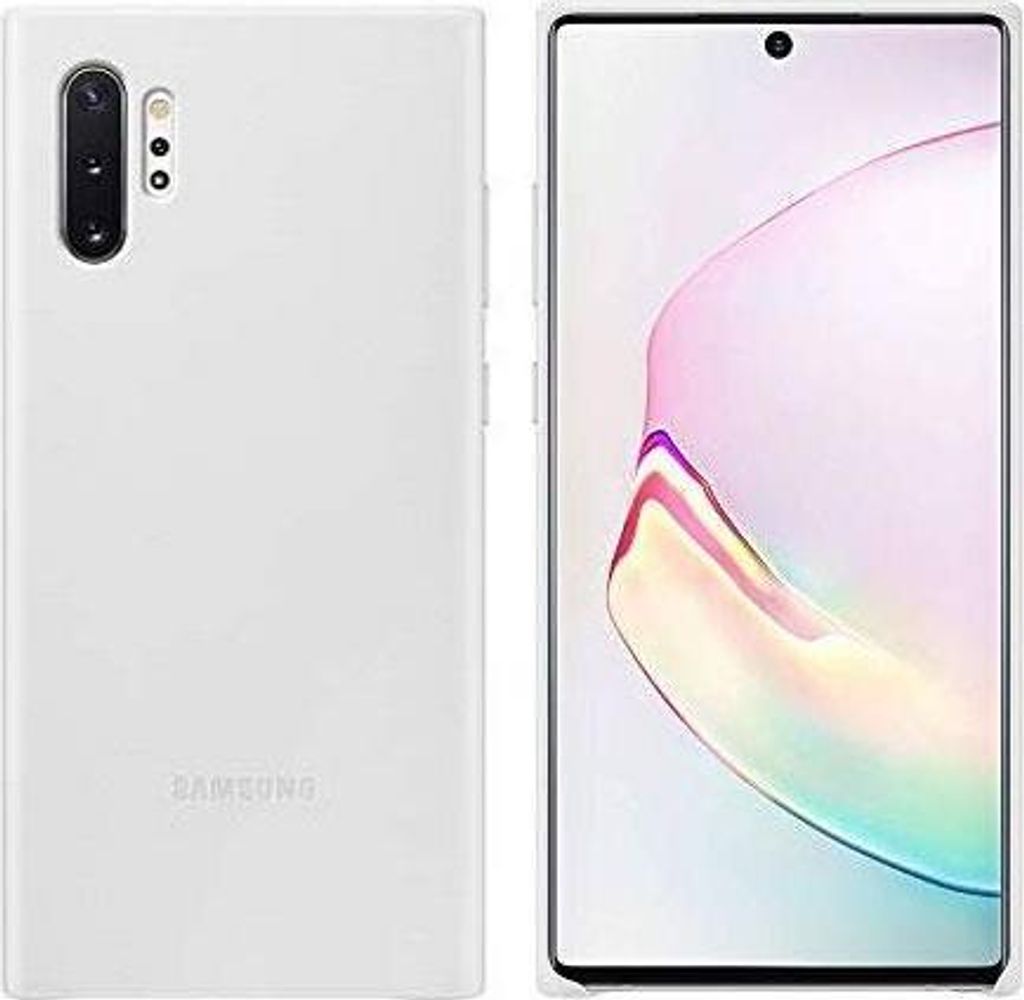 A white Samsung phone case is shown from the back and the front screen is displayed next to it.