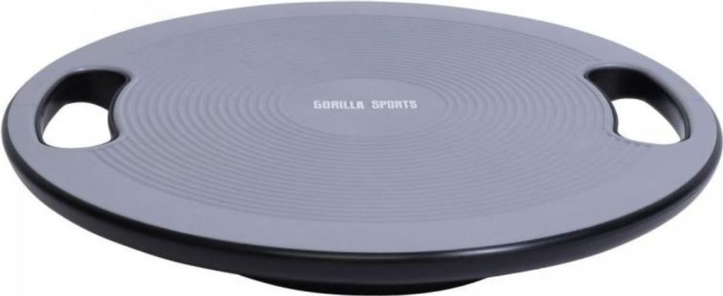 A gray balance board with black handles and base, shown from a slightly elevated angle against a white background.