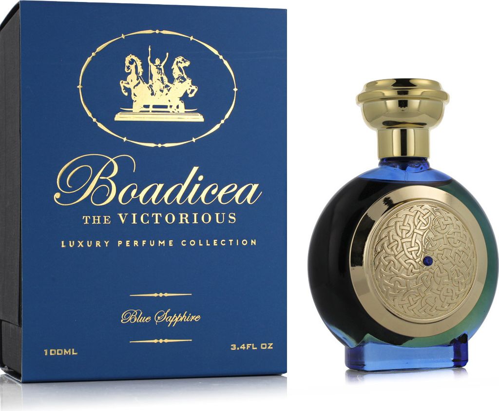 A perfume box and bottle are displayed side-by-side against a white background.
