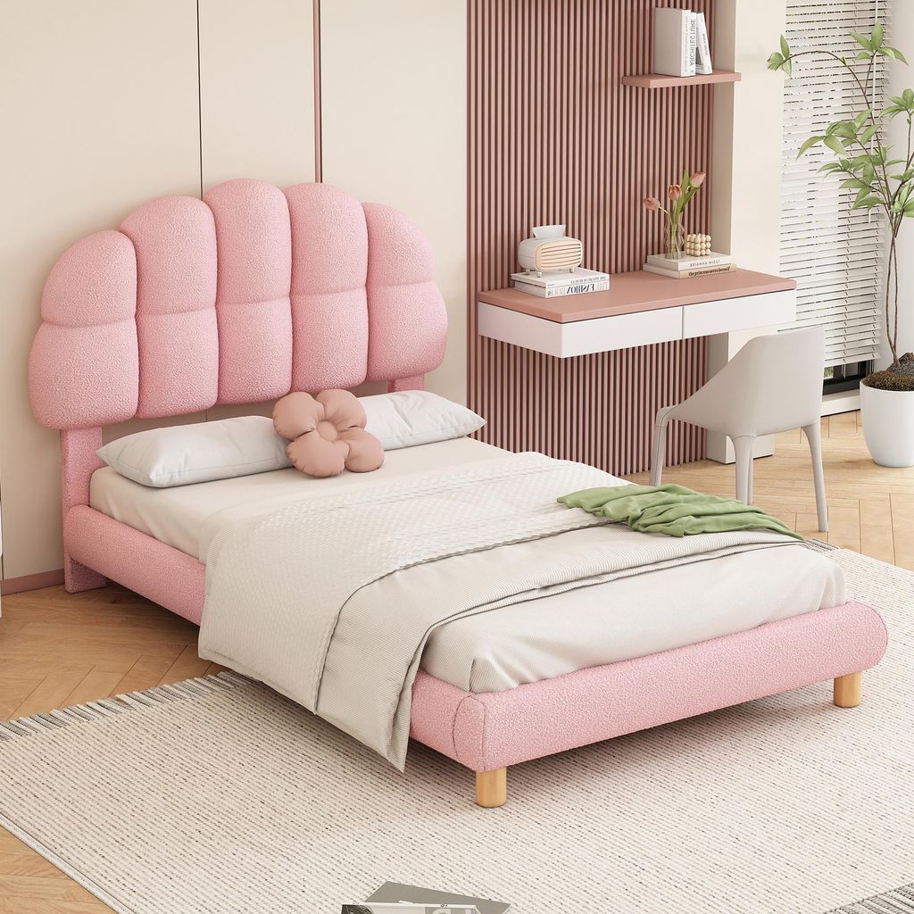 Einzelbett 90x200 cm mit Holzlattenrost – Kinderbett/Jugendbett in Rosa, Samt-Bezug, Vliesimitat, 205x98x99 cm, für Kinderzimmer & Jugendzimmer