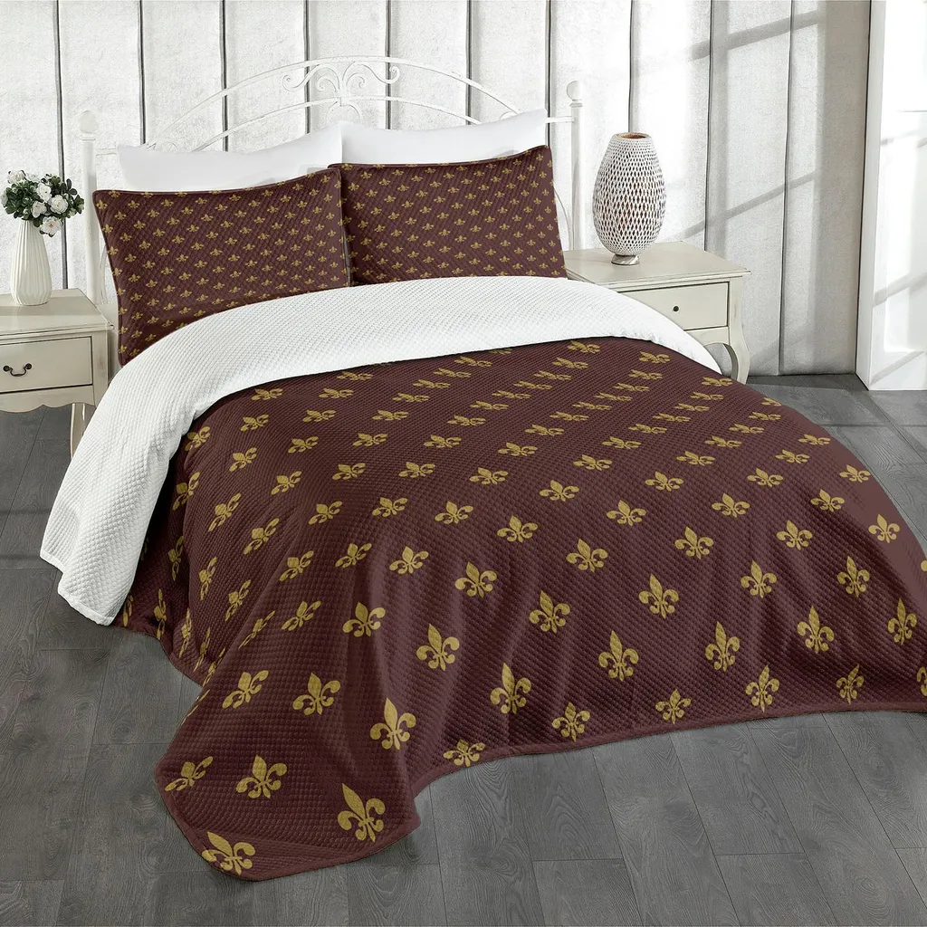 Set copriletto ABAKUHAUS Fleur De Lis, motivo francese - tema culturale europeo - sintesi - vintage - rinascimento, 264 x 220 cm, giallo terra di Borgogna