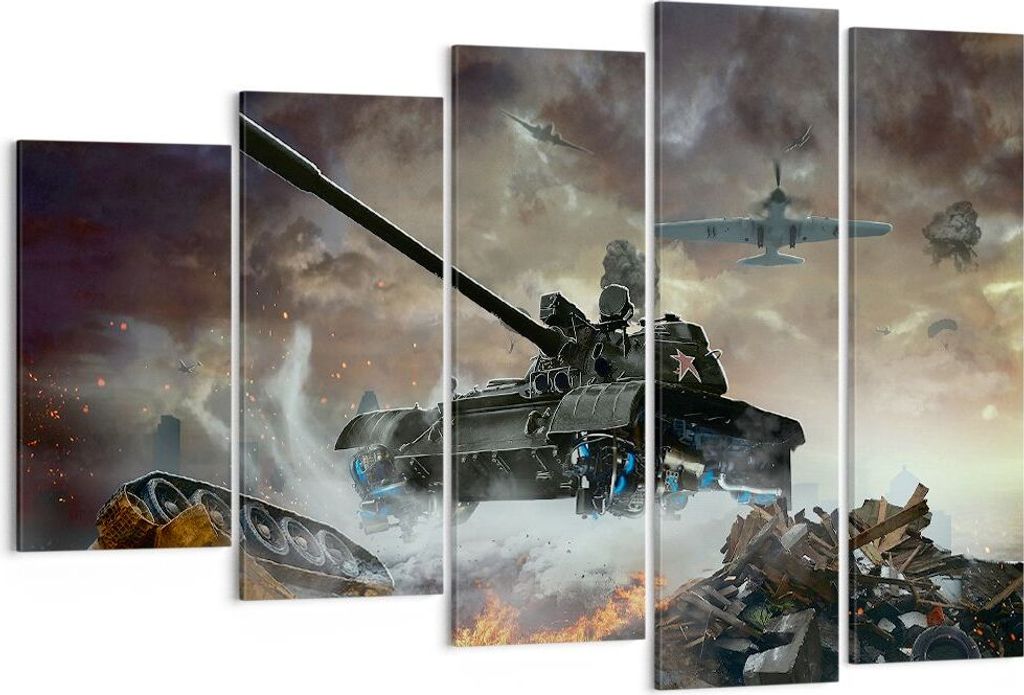 Bild auf Leinwand - Leinwandbild - Krieg Panzer Airplain Schlacht - 150x100cm - Wand Bild - Wanddeko - Leinwanddruck - Bilder - Kunstdruck - Leinwa...