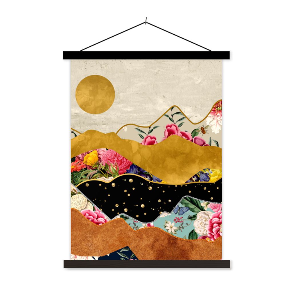 MuchoWow Textilposter Gold - Blumen - Druck - Abstrakt - Landschaft - Muster 40x53 cm mit schwarzem Rahmen - Abbildung