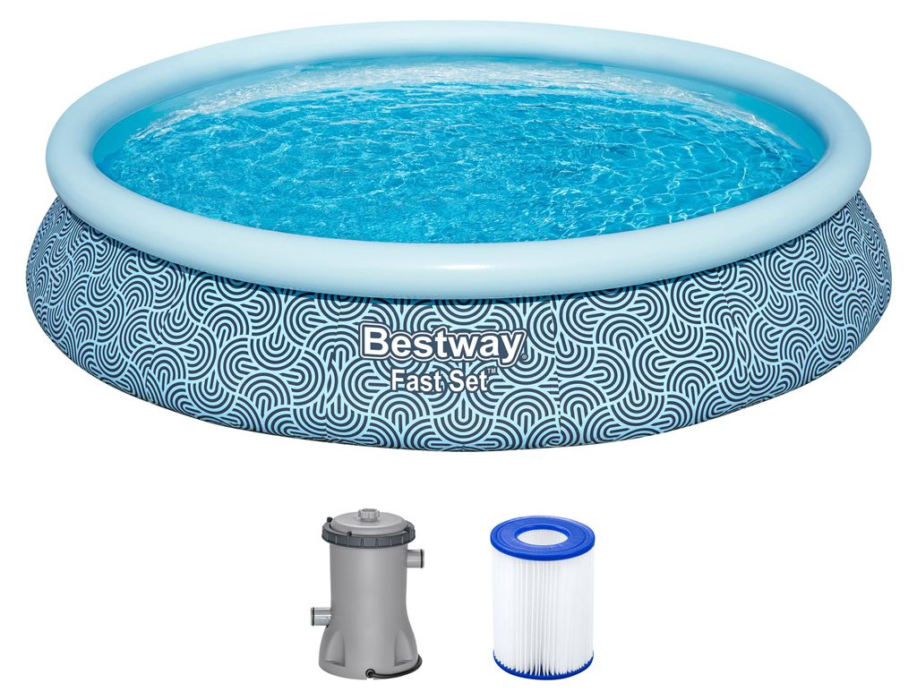 Bestway Fast Set Aufstellpool-Set mit Filterpumpe Ø 457 x 84 cm, Grafisches Liniendesign, rund