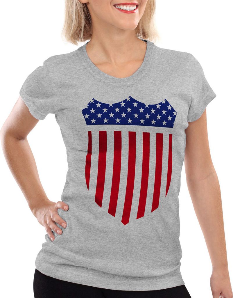 style3 USA Amerika Medal Medaille Wappen Flagge Damen T-Shirt, Farbe:Grau meliert, Größe:S