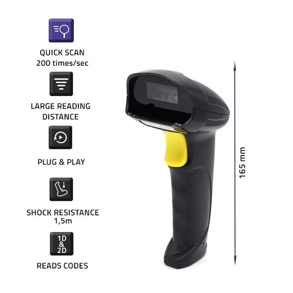 Scanner de code-barres laser Qoltec 1D 2D portable haute précision noir