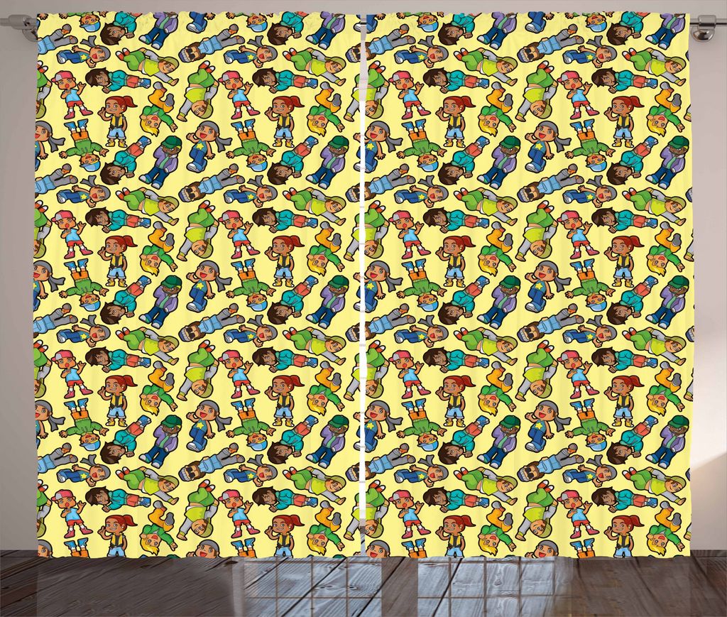 ABAKUHAUS HipHop Rustikaler Gardine, Cartoon Jungen und Mädchen, Schlafzimmer Kräuselband Vorhang mit Schlaufen und Haken, 280 x 175 cm, Mehrfarbig