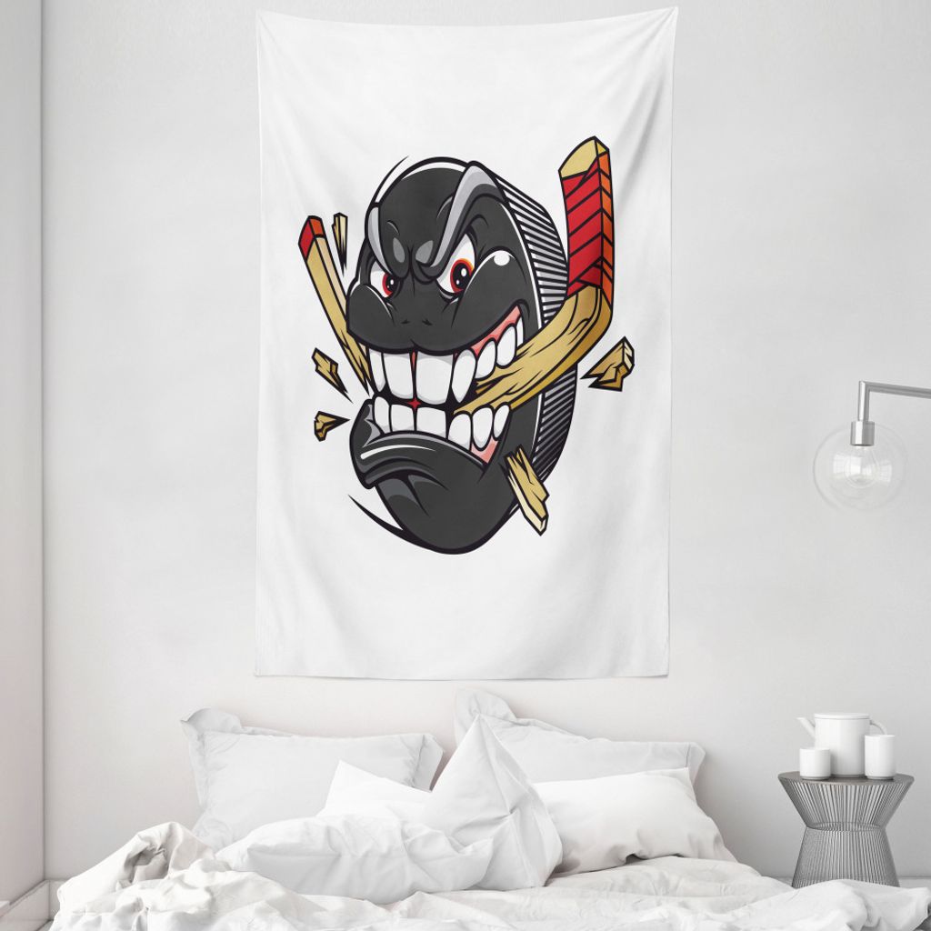 ABAKUHAUS Eishockey Wandteppich und Tagesdecke, Cartoon Puck Bites-Stick aus Weiches Mikrofaser Stoff Waschbar ohne Verblassen Digitaldruck, 140 x ...