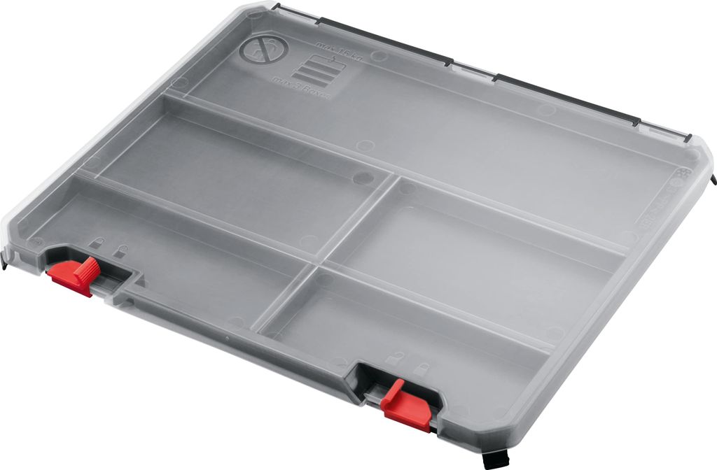 A clear, well-lit studio shot of a gray plastic organizer box with a transparent lid and red latches.