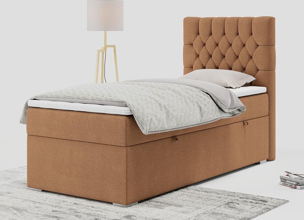Einzelbett - Boxspringbett 90x200 mit Bettkasten und Matratzentopper - PERA 90 - rechts - Orange - H3